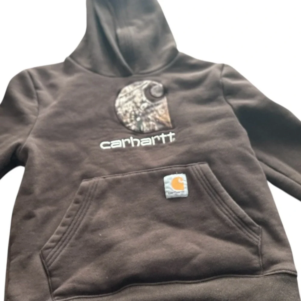Kids Carhartt Camo Logo Hoodie Brown Size 7 Pullover Sweatshirt‎